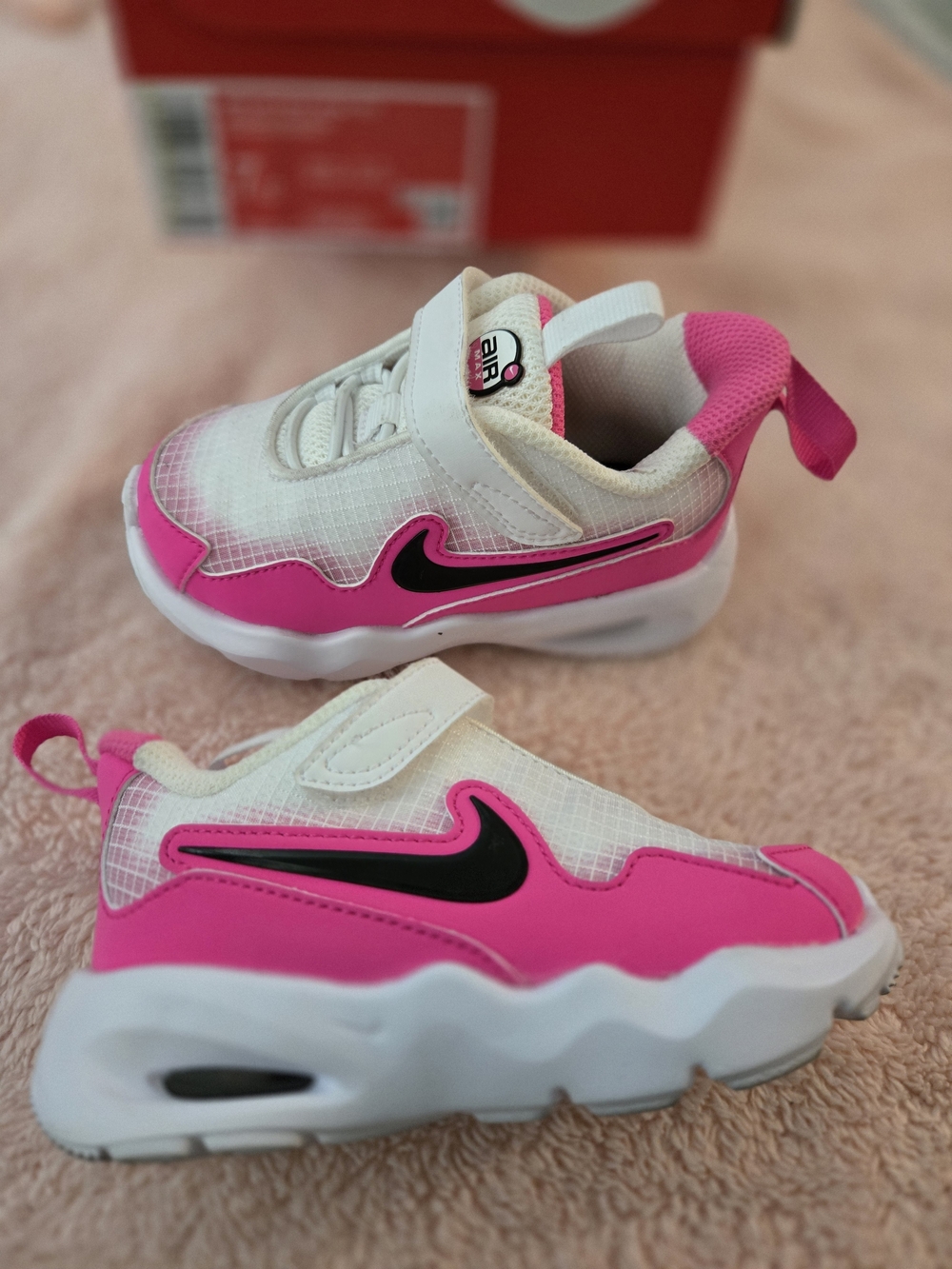 Nike Kids White and Pink Air Max Style Sneaker with Black Swoosh